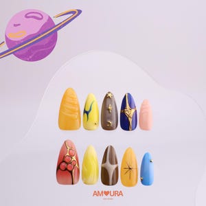 Galaxy Planet Press On Nails | Handmade Celestial Astrology Nail Art | Star & Moon Design | Colorful Fantasy Space Nails for Girls-183