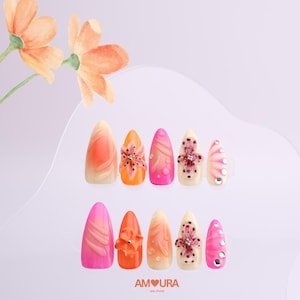 3D Flower Handmade Press On Nails | Bright Summer Fake Nails | Long Lasting  reusable  Nails | Cute Tropical Press-on| Vacation Nails-204