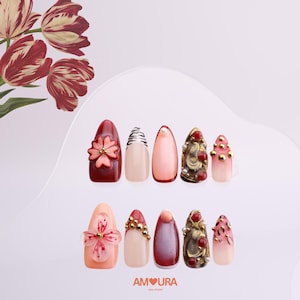 Rotgold Press-On-Nägel mit 3D-Blumen und Perlenakzenten | Handgefertigte Luxus Gefälschte Nägel | Mittel Mandel Party Nail Art|Geschenk für sie-172