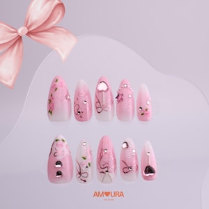 Pink Heart Rose Press On Nails | Romantic Bow Fake Nails  | Bling Rhinestone Nail Art | Medium Almond Nails | Cute Love Nail Design-132