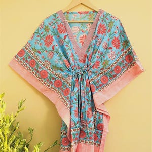 100% Cotton Kaftan - Summer Kaftan - Sleepwear Caftan - Handmade Floral Block Print Kaftan - Beachwear Caftan - Soft Cotton Kaftan