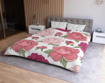 Pink Peony Floral Pattern Microfiber Duvet Cover | Botanical Bedspread