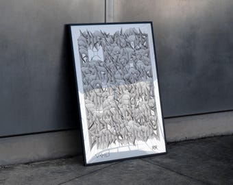 May include: A framed black and white art print leaning against a gray wall. The artwork features an abstract design with repeating geometric shapes. The word "VOID" is printed at the bottom of the print.