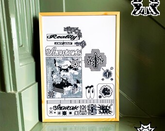 May include: A framed art print with a light wood frame. The artwork features black and white graphic elements, including the word "Reality" and "Showcase". Various geometric shapes and cartoon-like illustrations are also present.