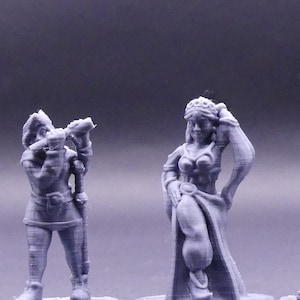 Peut inclure: Plusieurs figurines miniatures fantastiques, probablement pour les jeux de société ou l'affichage. Les figurines sont dans diverses poses, avec des vêtements et des accessoires détaillés. La couleur est un gris mat, suggérant qu'elles sont non peintes ou imprimées en 3D.