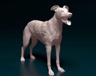 May include: A light-coloured sculpture of a dog in a standing position. The dog's mouth is slightly open, showing its tongue. The sculpture is set against a dark teal background, with the dog's fur texture clearly visible.