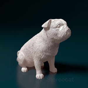 May include: A white bulldog figurine in a seated position. The sculpture has detailed fur texture and a slightly furrowed brow, giving it a lifelike appearance. The figurine is set against a dark teal background.