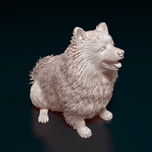 Puede incluir: Escultura detallada de un perro claro, probablemente un Pomerania, con un pelaje esponjoso y una expresión alerta. El perro está representado en posición sentada, con la lengua ligeramente visible. La escultura está sobre un fondo oscuro.
