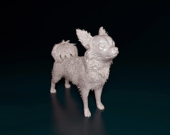 Statuetta di Chihuahua a pelo lungo / Scultura personalizzata / Statua commemorativa per animali domestici e regalo per amanti dei cani