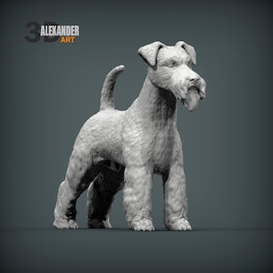 Könnte beinhalten: 3D-gerenderte Skulptur eines Hundes, wahrscheinlich ein Terrier, in stehender Pose. Die Skulptur ist hellgrau und hat eine detaillierte Fellstruktur. Der Text "3D ALEXANDER ART" befindet sich in der oberen linken Ecke.