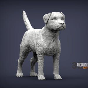 May include: A 3D-rendered sculpture of a dog, standing on all fours with its tail raised. The dog has a textured, light-colored coat and a focused expression. The sculpture is set against a dark blue background. The text "ALEXANDER ART" is visible in the lower right corner.