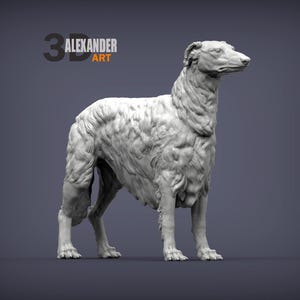 Könnte beinhalten: Eine 3D-Skulptur eines Borzoi-Hundes in hellgrauer Farbe, stehend. Das Fell des Hundes ist detailliert dargestellt. Der Text "3D ALEXANDER ART" ist oben links zu sehen.