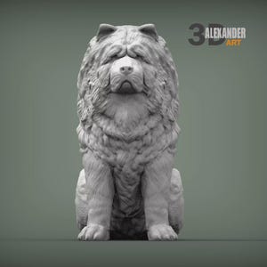 May include: A detailed, gray sculpture of a Chow Chow dog in a seated position. The dog has a fluffy, textured coat and a serious expression. The text "3D ALEXANDER ART" is visible in the upper right corner.