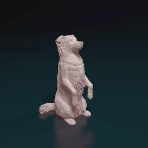May include: A light-colored dog figurine in a seated position, with its front paws raised. The dog has a fluffy coat and is set against a dark background. The sculpture is detailed, capturing the dog's features.