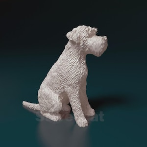 May include: A white, textured dog figurine in a seated position, with its head turned to the right. The sculpture has detailed fur and is set against a dark teal background. The dog's tail is slightly curved.