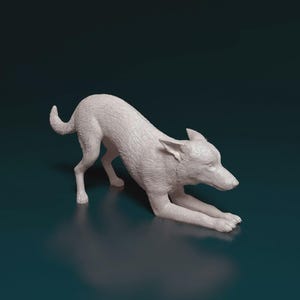 May include: A white dog figurine in a playful pose, with its front legs extended and rear raised. The dog's fur is textured, and its ears are perked up. The figurine is set against a dark teal background.
