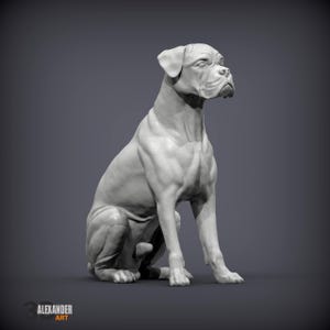 Könnte beinhalten: Eine detaillierte, monochrome Skulptur eines Boxerhundes in sitzender Position. Der Hund ist mit realistischen anatomischen Details dargestellt, die Muskeldefinition und Gesichtszüge hervorheben. Die Skulptur befindet sich vor einem dunkelgrauen Hintergrund.