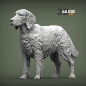 Può includere: Una scultura tridimensionale dettagliata di un cane, resa in un colore bianco sporco neutro. Il cane è in piedi, con il suo pelo meticolosamente scolpito per mostrare la consistenza. La scultura è ambientata su uno sfondo verde tenue, con il testo "3 ALEXANDER ART".