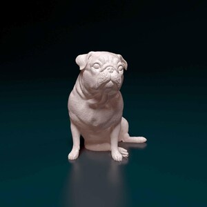 May include: A white pug dog sculpture in a seated position. The dog has a wrinkled face, floppy ears, and a short, curled tail. The sculpture is set against a dark teal background.