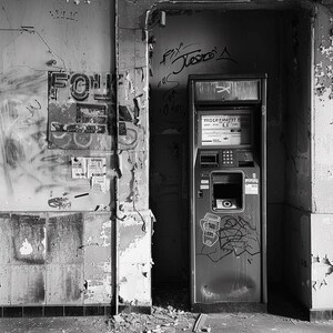 May include: A black and white photograph of a weathered, graffiti-covered automated teller machine standing in a recessed wall alcove. The machine features a digital display screen, a numeric keypad, and a cash dispensing slot, all showing signs of age.