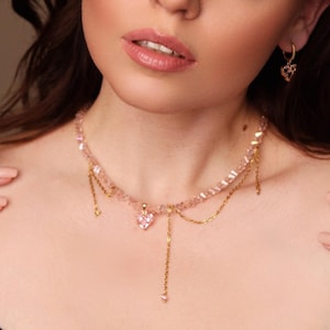 Pink Heart Pendant Choker with Multiple Chains, Delicate Jewelry