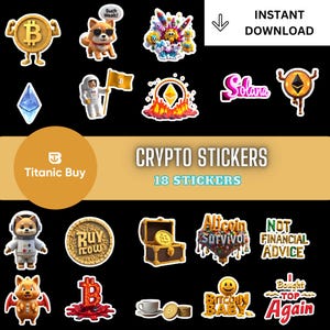 18 Crypto Sticker Pack | Bitcoin, Ethereum, Dogecoin Stickers | Waterproof Vinyl Stickers for Laptop, Water Bottle, Crypto Gift for Him/Her