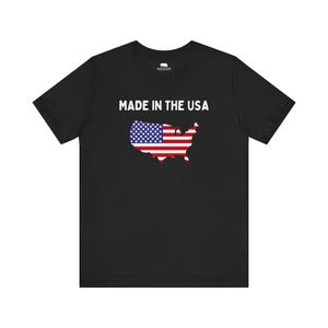 Made in the USA T-Shirt | American Flag Map Tee | Patriotic Shirt for Men & Women | 4th of July USA Pride Shirt | Bella Canvas 3001 Black