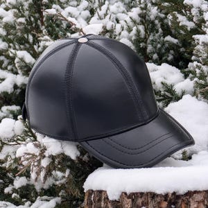 Black Leather Baseball Cap with Size Adjustment & Warm Lining | Genuine Leather Hat for Cold Weather | Handmade Gift for Him