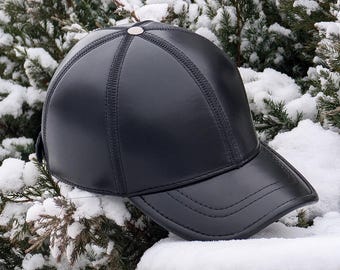 Black Leather Baseball Cap with Size Adjustment & Warm Lining | Genuine Leather Hat for Cold Weather | Handmade Gift for Him