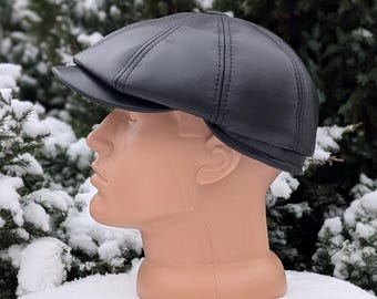 Black Leather Newsboy Cap – Handmade Gatsby Flat Cap for Men | Vintage Style Leather Hat