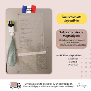 Calendrier magnétique transparent pour frigo | Planner familial hebdomadaire et mensuel | Effaçable, réutilisable avec accessoires inclus