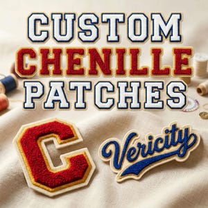 May include: Image of custom chenille patches. The text "CUSTOM CHENILLE PATCHES" is displayed in white, red, and blue chenille lettering. Two patches are shown: a red "C" and a blue "Vericity" script. The patches have a gold border and are on a beige fabric.