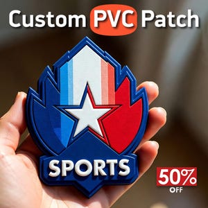 May include: A custom PVC patch with a star and stripes design in red, white, and blue. The patch has the word "SPORTS" in white lettering and is surrounded by a blue border. The text "Custom PVC Patch" is at the top.