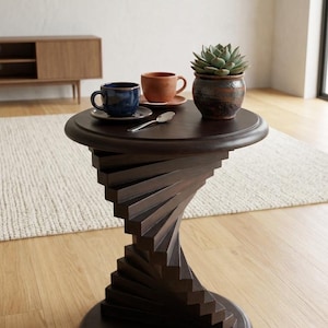 Puede incluir: Una mesa auxiliar de madera marrón oscuro con tablero y base circulares, que presenta una columna central de soporte construida con bloques rectangulares apilados en espiral. Sobre la mesa hay una taza de cerámica azul, una taza de terracota, una cuchara de plata y una suculenta.