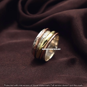 Boho 925 Sterling Silver Designer Spinner Ring For Handmade Three Tone For Her, Silver Ring