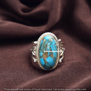 Solid 925 Sterling Silver Oyster Copper Turquoise Ring For Men Women, Handmade Long Oval Gemstone Ring, Hammered Textured Wide Ring