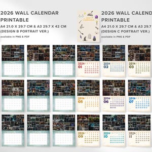 May include: 2026 wall calendar printable with a collage of images. The calendar is available in A4 (8.3 x 11.7 inches) and A3 (11.7 x 16.5 inches) sizes. Each month is displayed with a different color scheme.