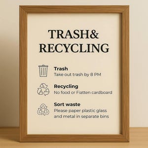 Minimalist Trash & Recycling Sign: Airbnb Guest Instructions (Printable Editable in Canva)