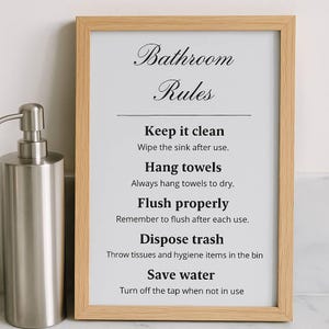 Panneau des règles de la salle de bain : décoration minimaliste de la salle de bain des invités (téléchargement PDF, PNG)