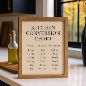 May include: A framed kitchen conversion chart with measurements in cups, ounces, and milliliters. The chart is in a wooden frame and sits on a white countertop. A bottle of oil and a vase are in the background.
