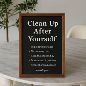 May include: A framed sign with the text "Clean Up After Yourself" in white on a black background. The sign includes bullet points with cleaning instructions and a "Thank you" message.