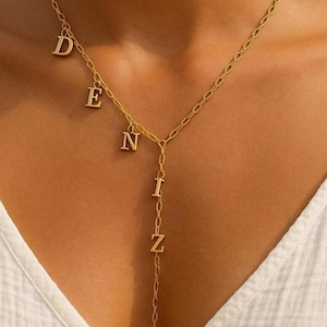 Lariat Initial Necklace, Custom Drop Name Necklace, Gold Name Y Necklace, Personalized Gift for Her, Bridesmaid Jewelry for Valentines Gift