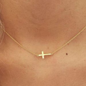 Sideways Cross Necklace, Dainty Gold Cross Necklace, Gift for Her, Tiny Cross Necklace, Confirmation Gift, Baptism Gift, Minimalist Necklace