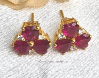 Pink Heart Ruby & White Zircon 925 Sterling Silver Gold Stud Earrings