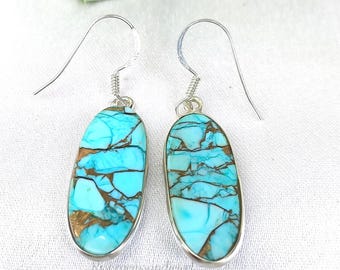 Pendientes ovalados de turquesa y cobre azul, hechos a mano en plata de ley 925.