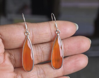 Boucles D'oreilles Artisanales Cornaline Pierre Naturelle - Pendantes, Fermoir Clous, Neuf