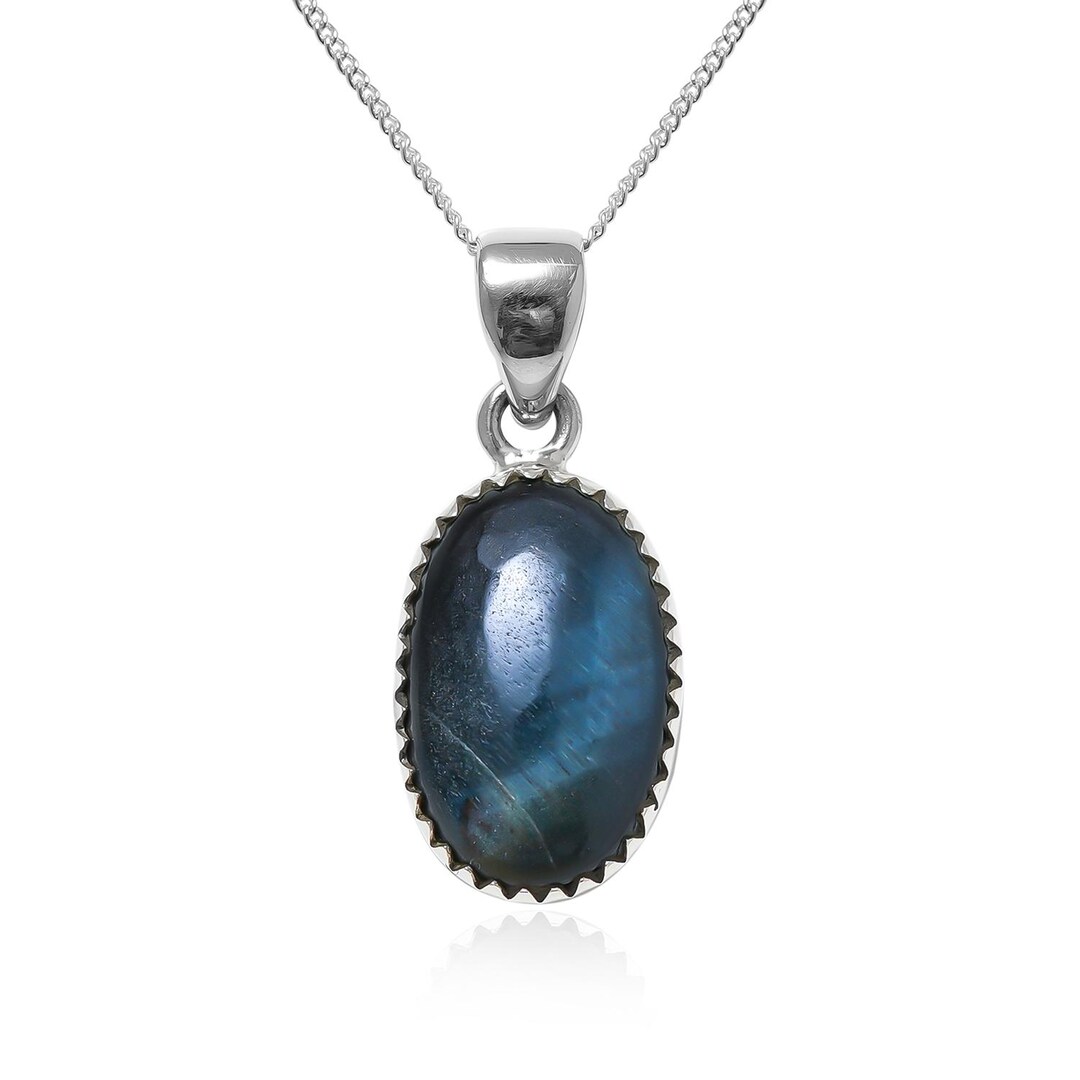 Natural Blue Tiger Eye Pendant 925 Sterling Silver Handmade Pendant