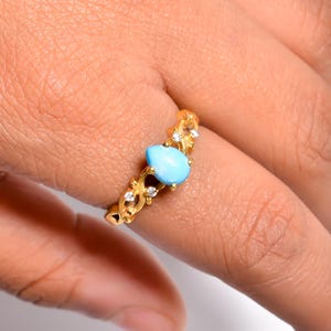 Natural Blue Larimar Ring 18k Gold Plated 925 Sterling Silver Statement Boho Ring Gift for Anniversary Birthday Christmas Gift for Mom Wife