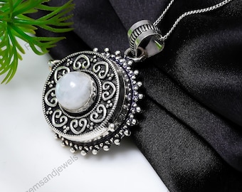 Natural Blue Moonstone Poison Pendant Unique Design Handmade Poisoner Pendant Necklace Secret Box Pendant Pill Box Pendant With Chain