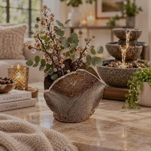 May include: A textured, brown, organic-shaped ceramic bowl with a rough, uneven rim. The bowl contains a decorative arrangement of green eucalyptus leaves and thin, dark brown branches adorned with small, translucent, and brown spherical beads.